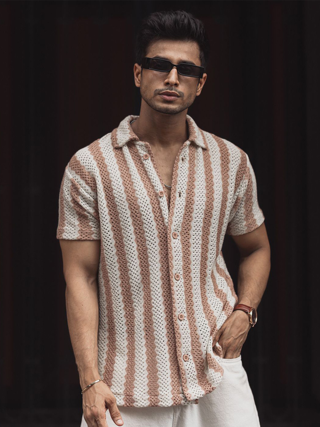 

Powerlook Men Spread Collar Striped Casual Shirt, Beige