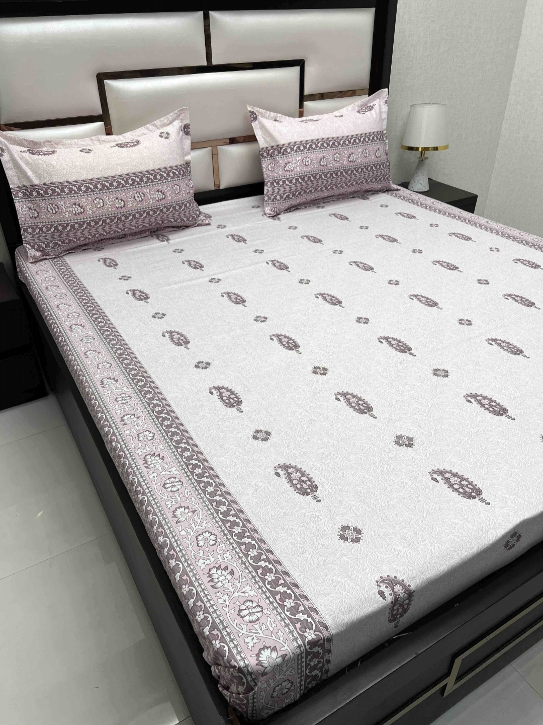 

Pure Decor Grey Ethnic Motifs 400 TC Pure Cotton Queen Bedsheet with 2 Pillow Covers