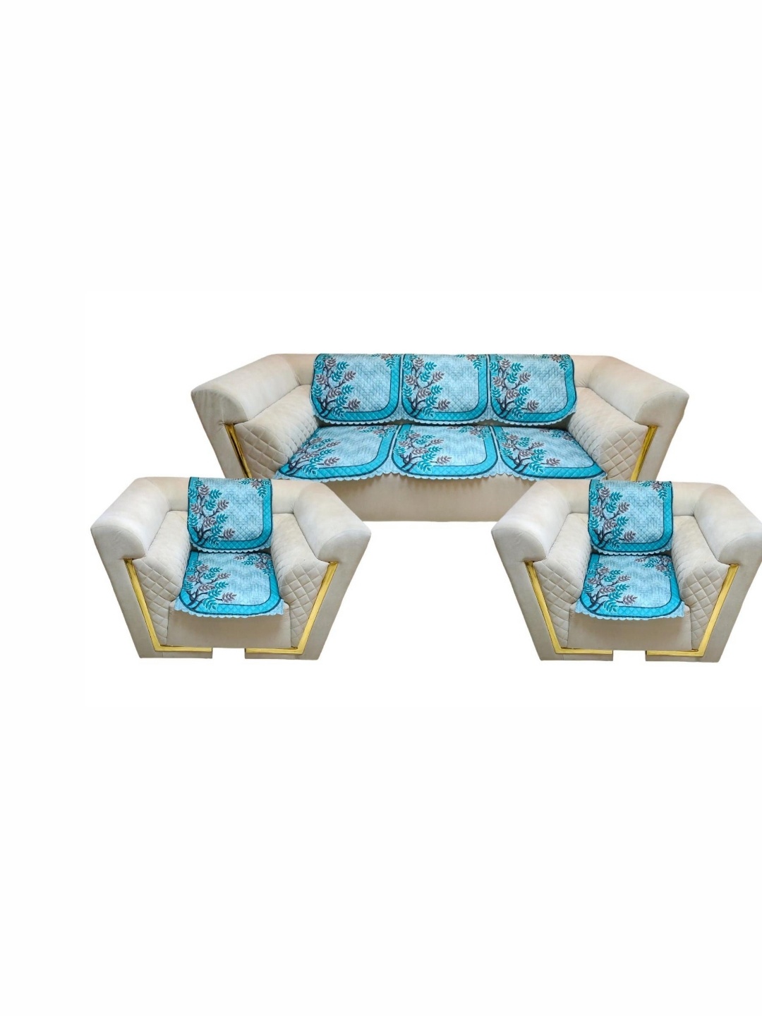 

MONKDECOR Teal Blue & Grey 6 Pieces Printed 5 Seater Velvet Sofa Cover