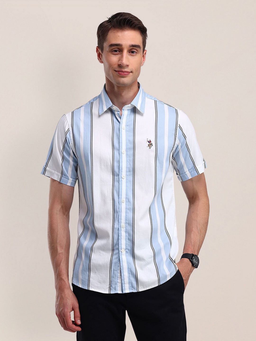 

U.S. Polo Assn. Men Modern Spread Collar Striped Cotton Slim Fit Casual Shirt, Blue