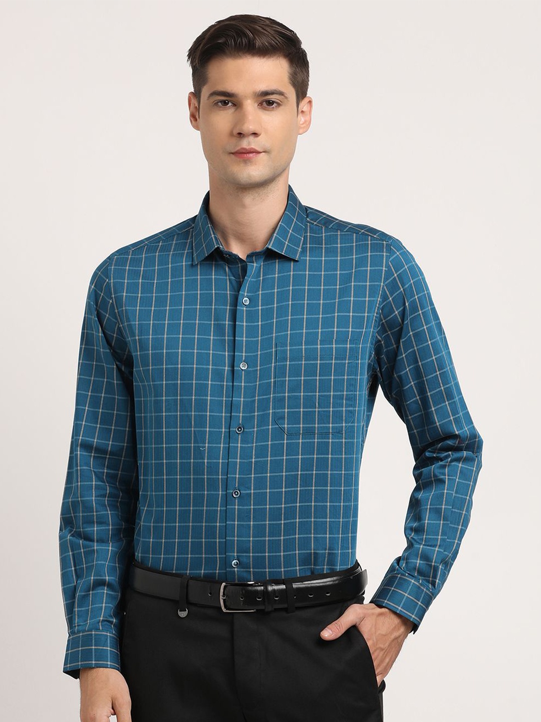 

Turtle Men Standard Spread Collar Gingham Checked Cotton Slim Fit Formal Shirt, Teal