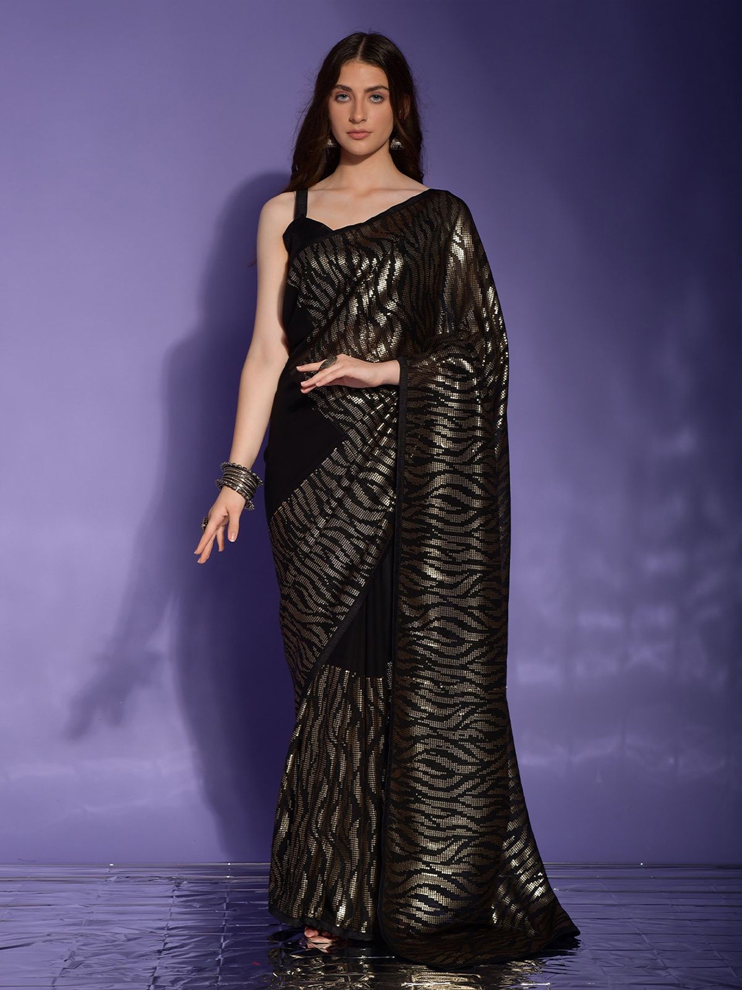 

ODETTE Abstract Embellished Saree with Blouse, Black