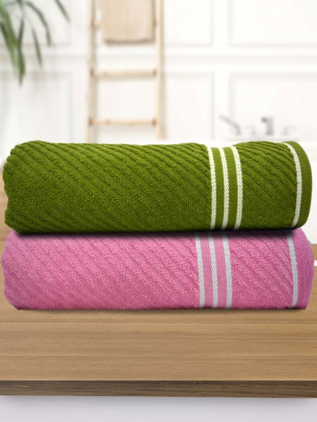 

Aura 2 Pieces Green & Pink Textured Cotton Water Absorbent Bath Towels 400 GSM