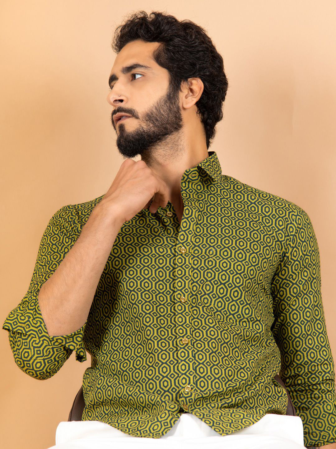 

Tistabene Men Standard Spread Collar Geometric Printed Cotton Casual Shirt, Green
