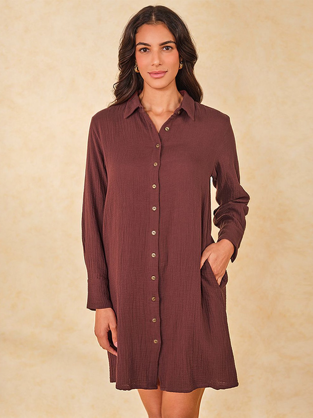 

AND Woman Shirt Solid Casual Above Knee Pure CottonmDress, Brown