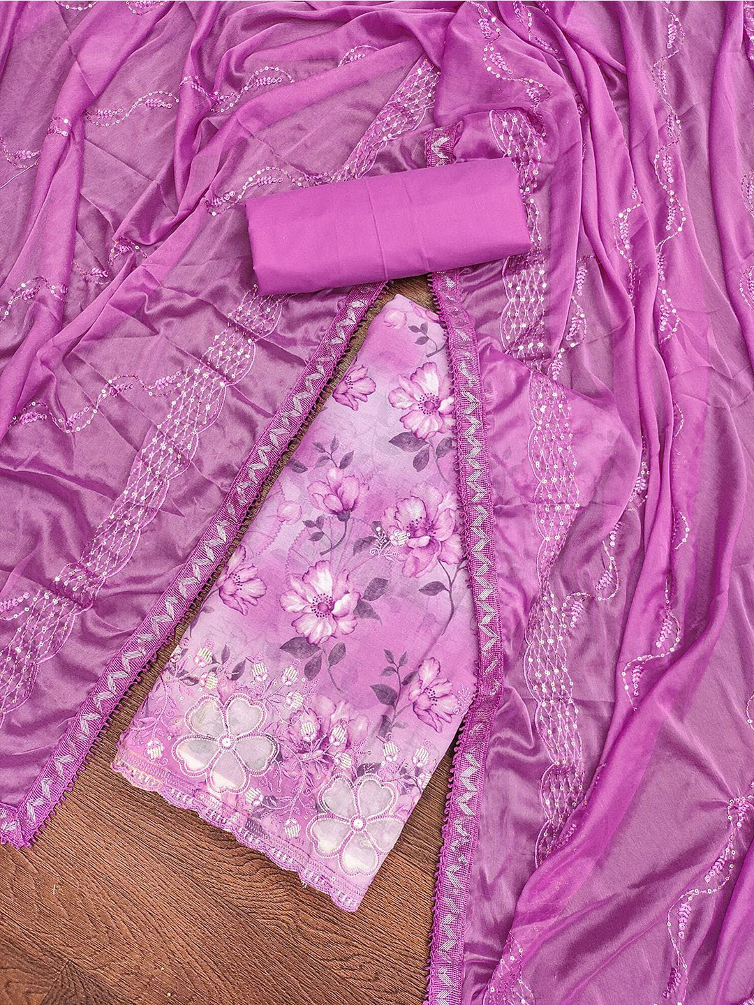 

Lilots Embroidered Sequinned Unstitched Dress Material, Lavender