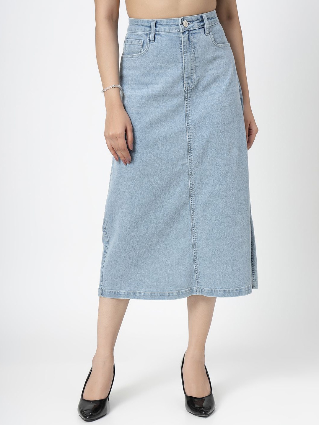 

COSMIC TRIO A-Line Denim Side Slit Midi Skirt, Blue