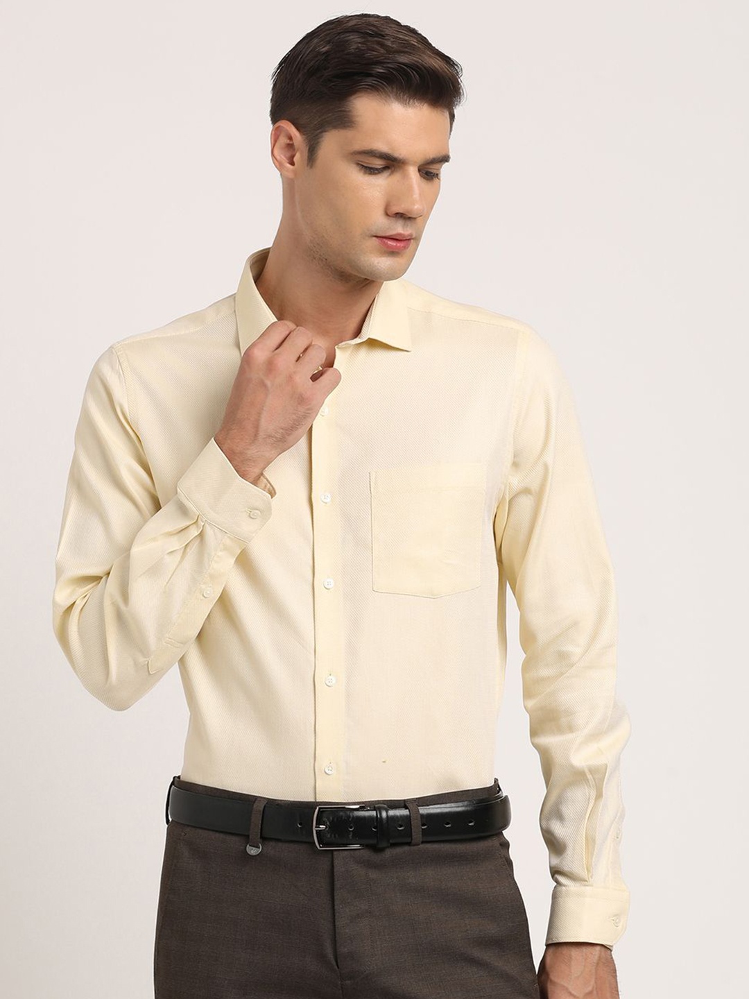 

Turtle Men Standard Spread Collar Solid Cotton Slim Fit Formal Shirt, Beige