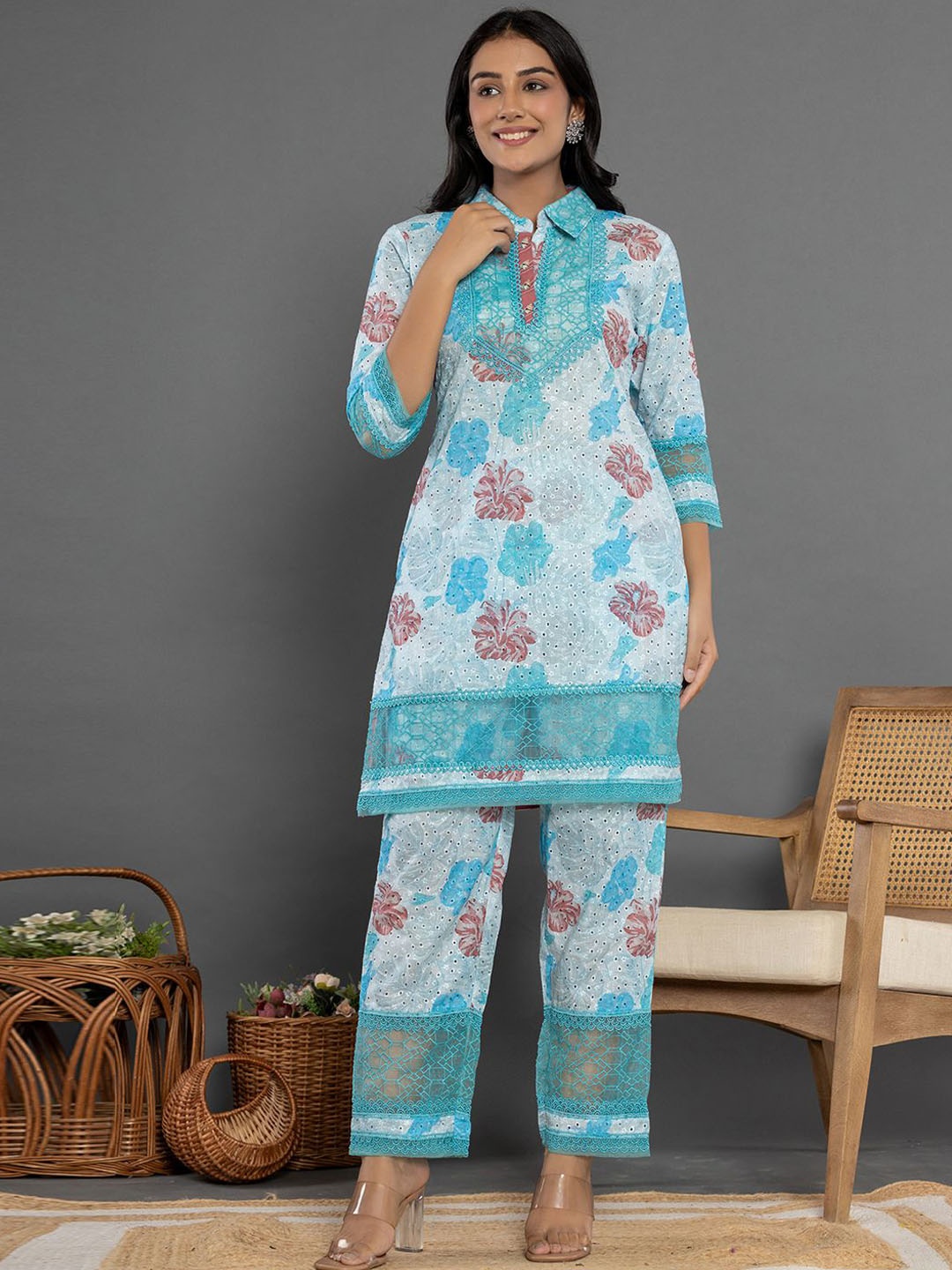 

Yufta Floral Printed Shirt Collar Pure Cotton Tunic With Trousers, Blue