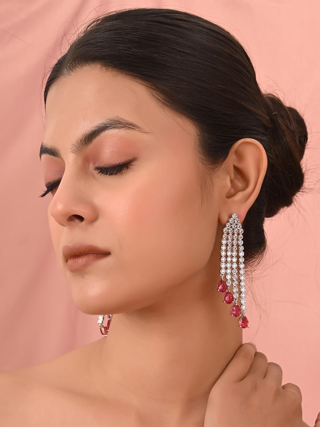 

RATNAVALI JEWELS Silver-Plated Classic American Diamond Drop Earrings