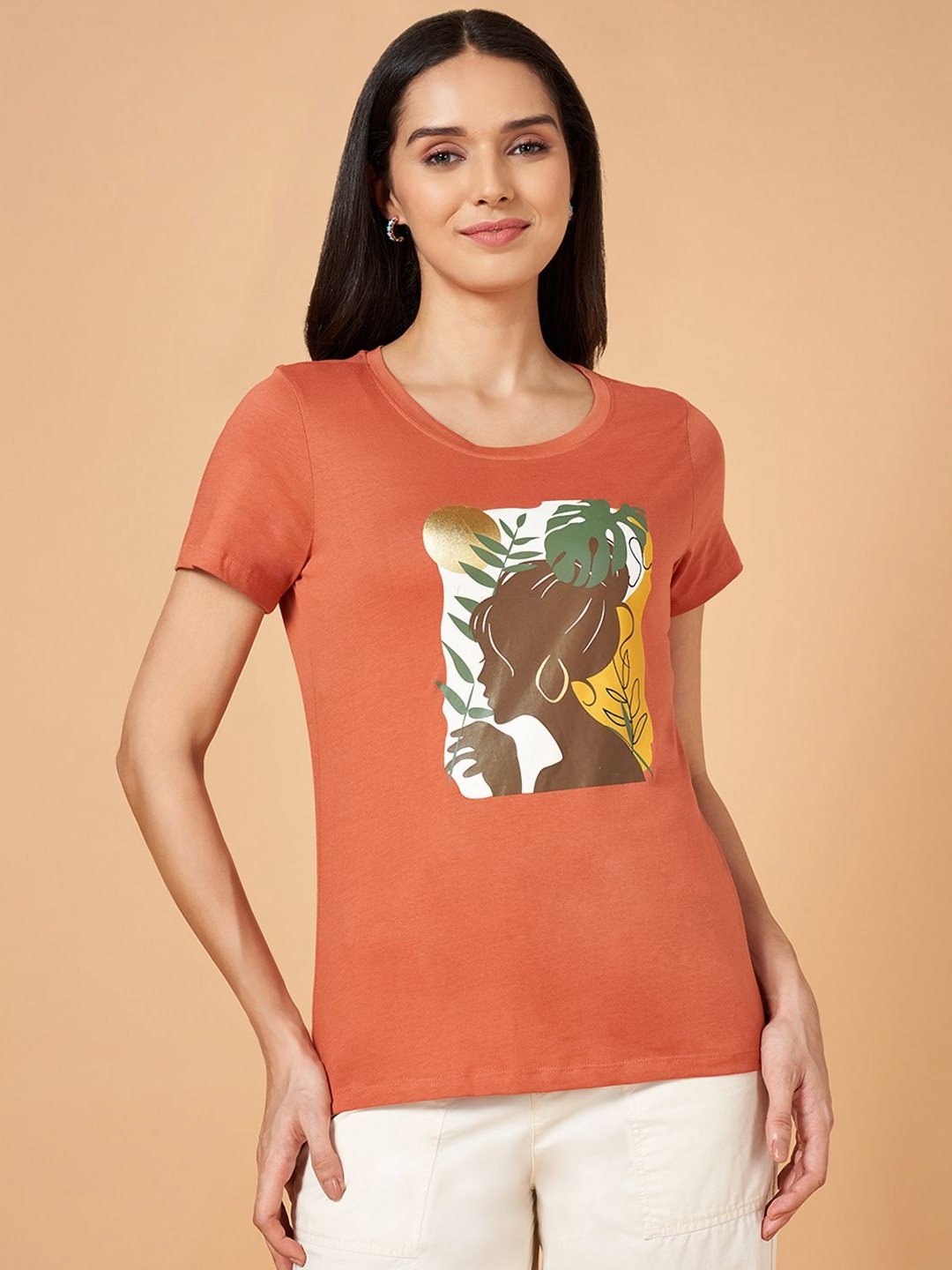 

Honey by Pantaloons Women Graphic Printed Round Neck Cotton T-Shirt, Rust