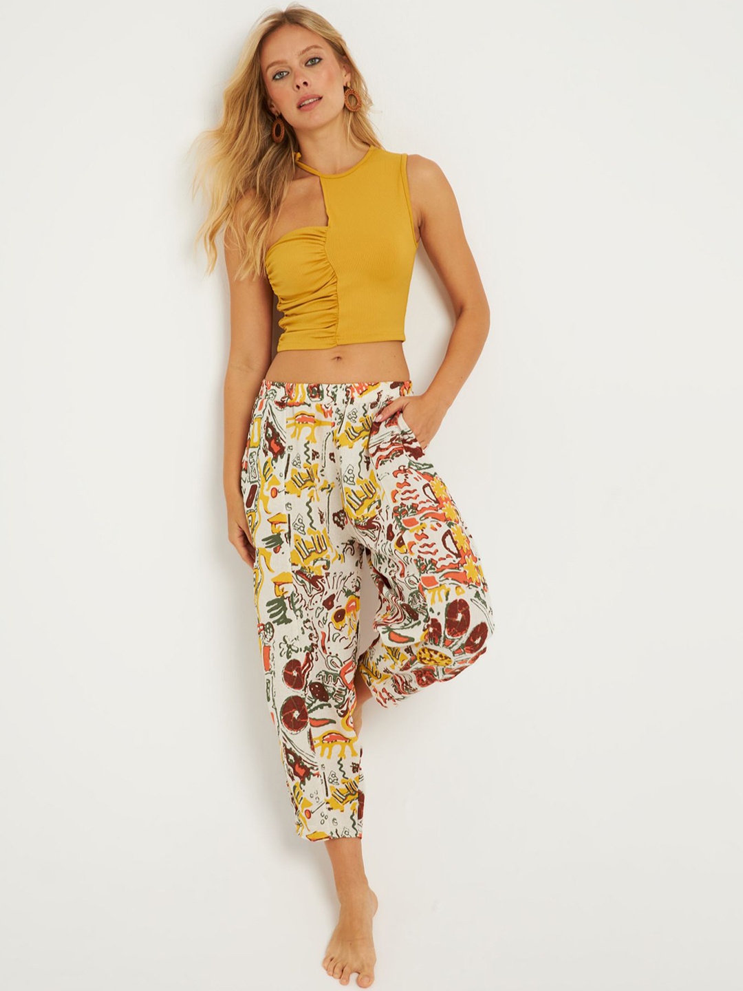 

Cool & Sexy Women Printed Linen Trousers, Yellow