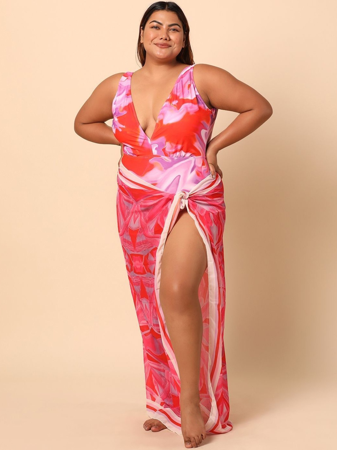 

WomanLikeU Printed Monokini Bodysuit With Sarong, Red