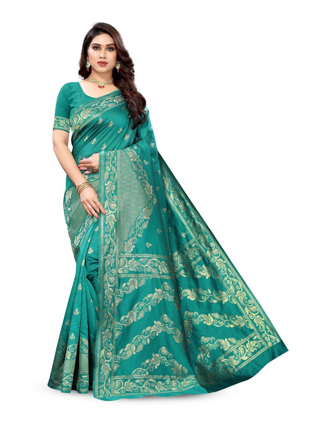 

Tulip Eden Women Woven Design Ethnic Motifs Banarasi Saree, Teal