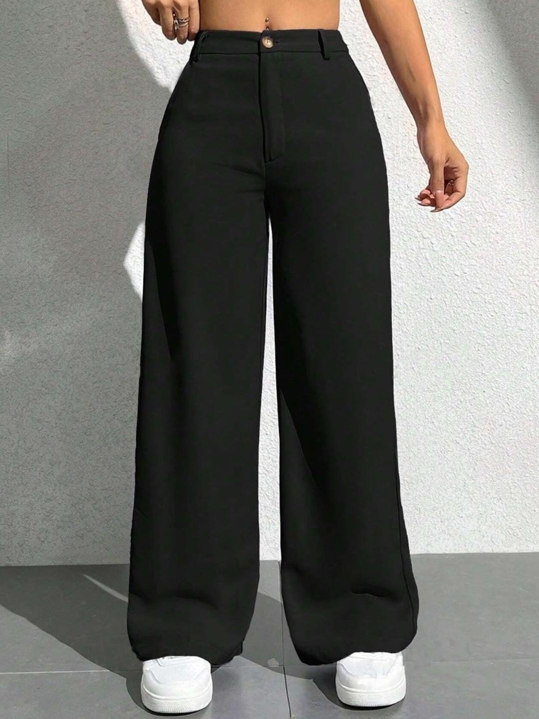 

BUY NEW TREND Women Relaxed Straight Fit High-Rise Parallel Trousers, Black