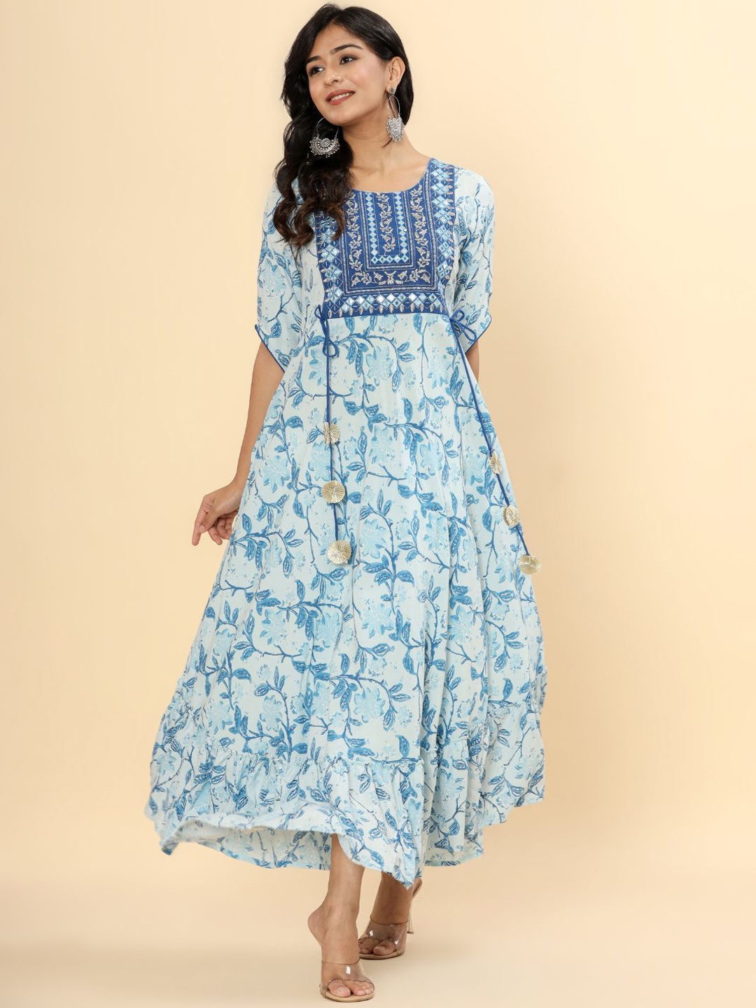 

Jaipurite Floral Printed Zari Work Anarkali Kurta, Blue