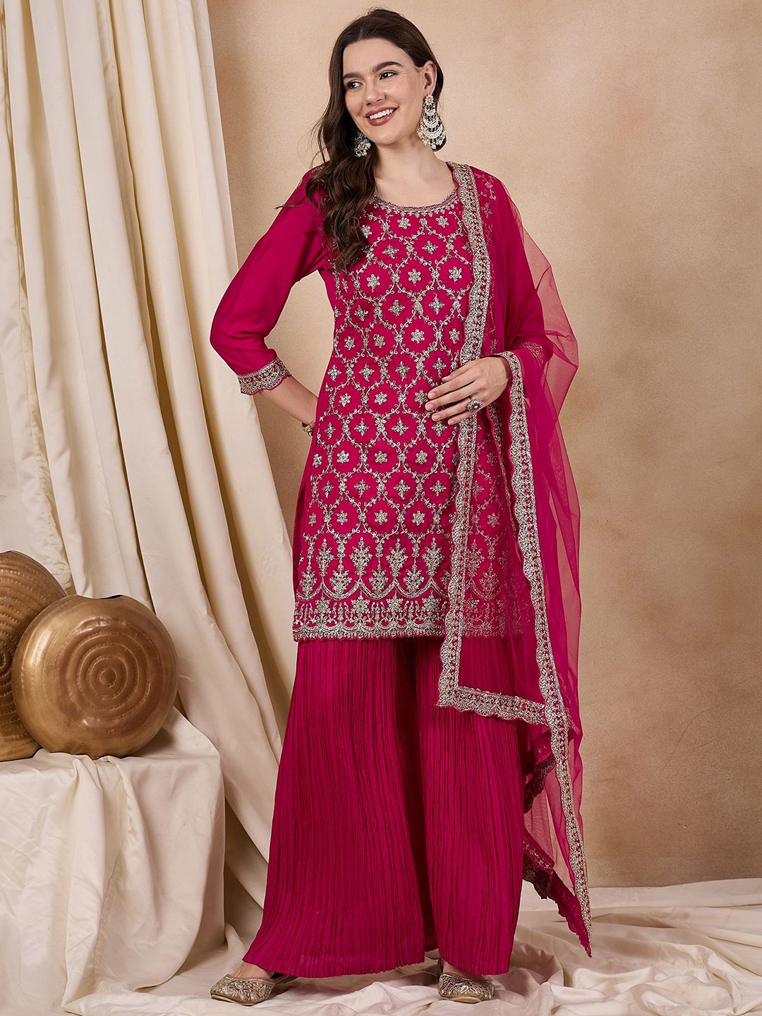 

KAVINDI Floral Thread Work Silk Georgette Straight Kurti with Sharara & Dupatta, Pink