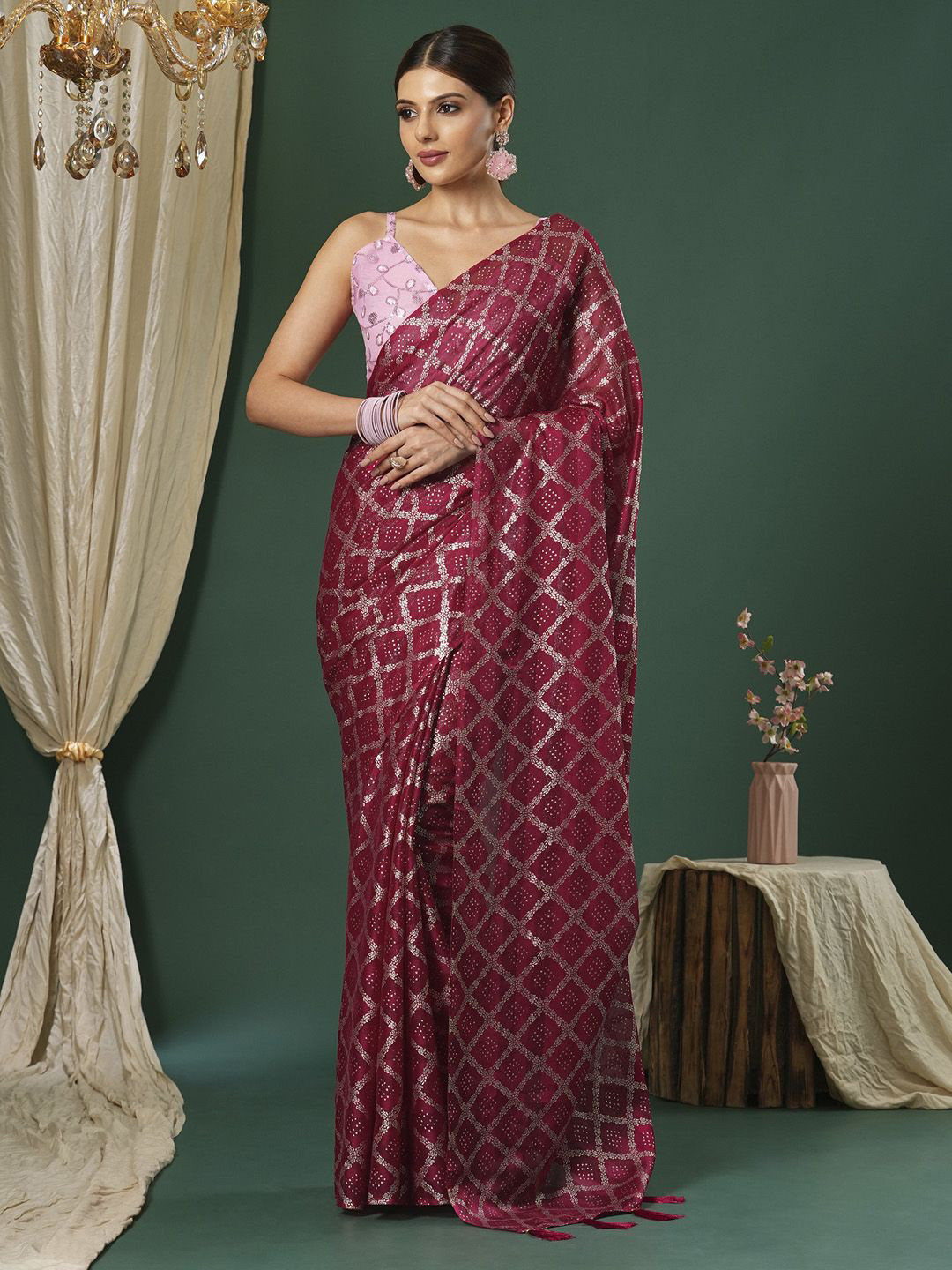 

KALINI Ethnic Motifs Poly Chiffon Saree, Pink