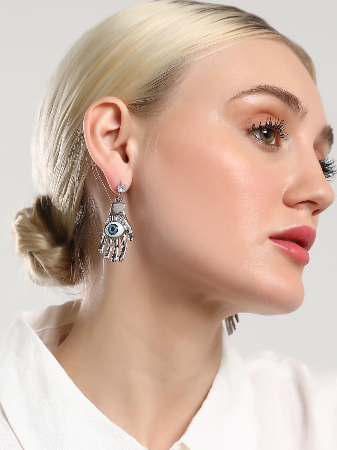 

SOHI Silver-Plated Contemporary Stone-Studded The Hamsa Drop Earrings