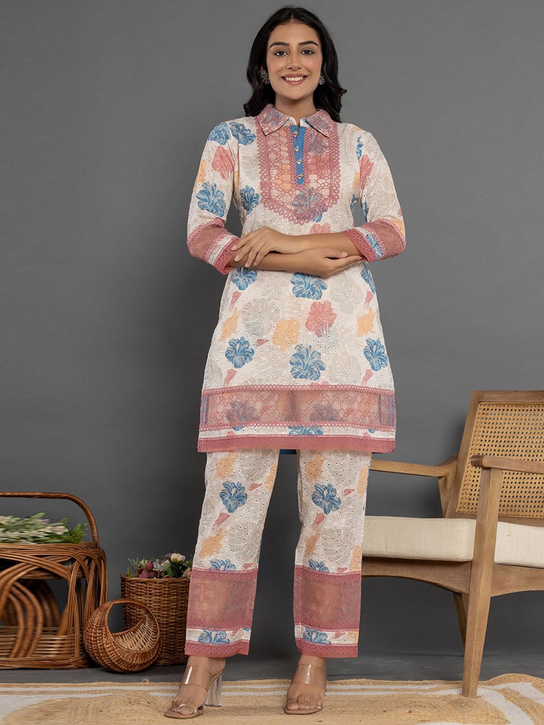

Yufta Floral Printed Shirt Collar Pure Cotton Tunic With Trousers, Pink