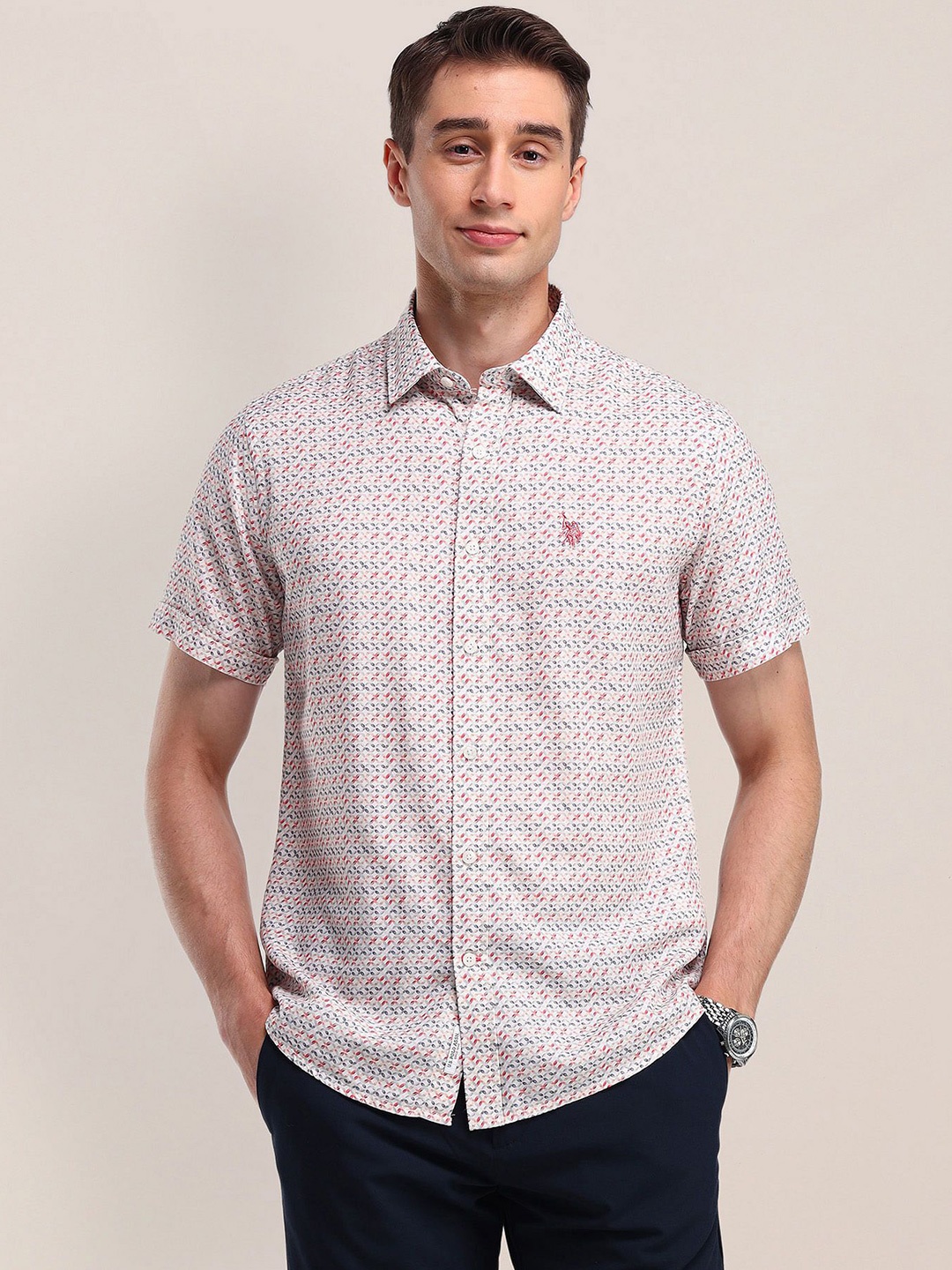 

U.S. Polo Assn. Men Modern Spread Collar Micro Ditsy Printed Cotton Slim Fit Casual Shirt, Peach