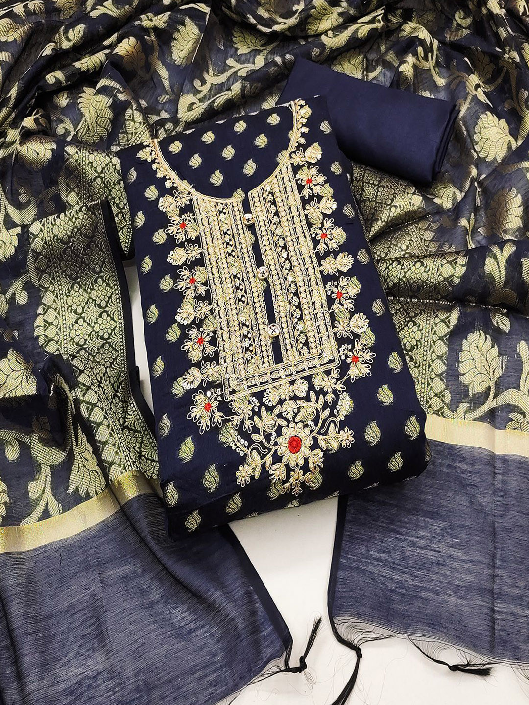 

Lilots Floral Woven Design Zari Unstitched Dress Material, Blue