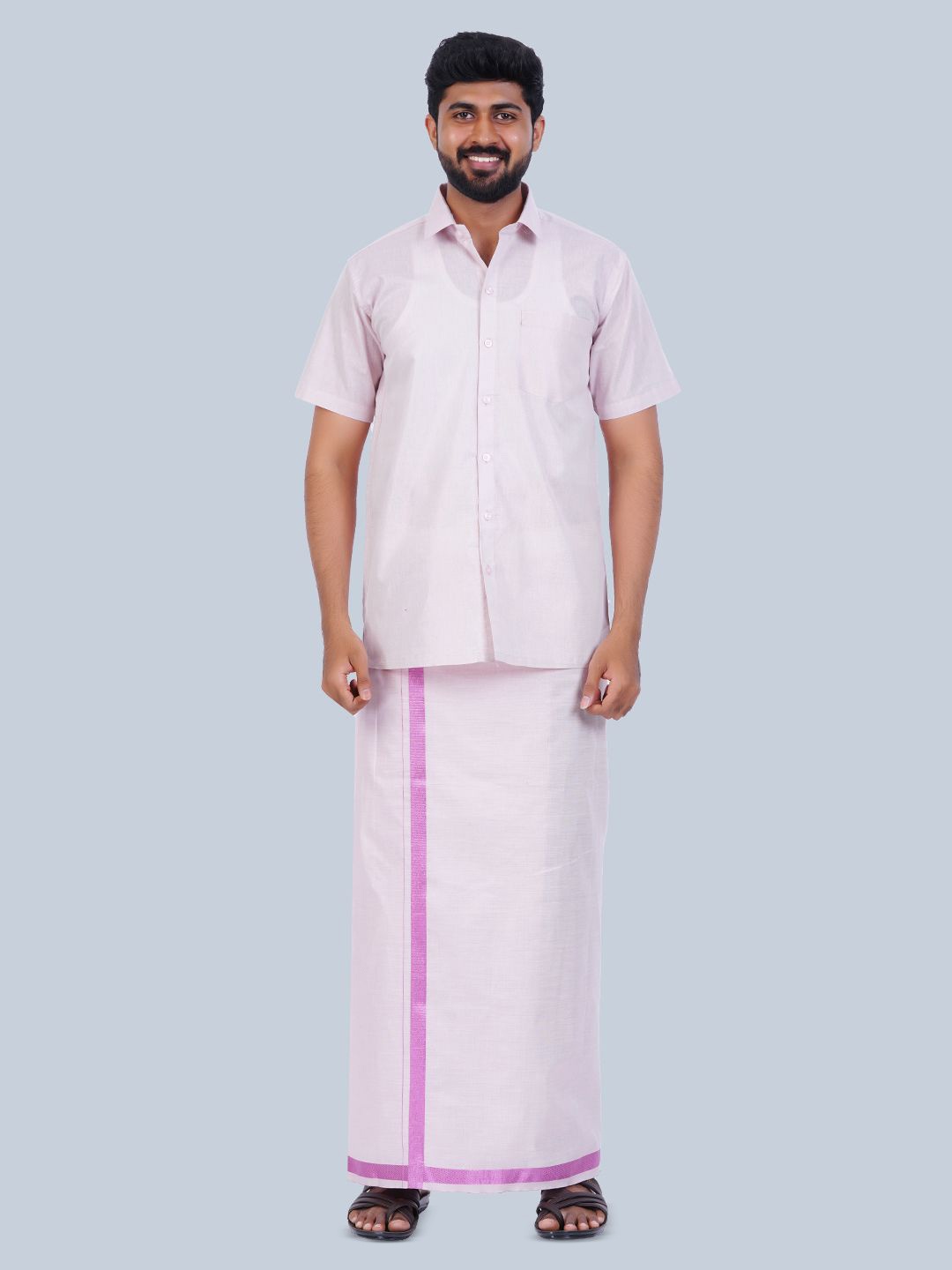 

THANGAMAGAN Short Sleeves Shirt with Veshti, Pink