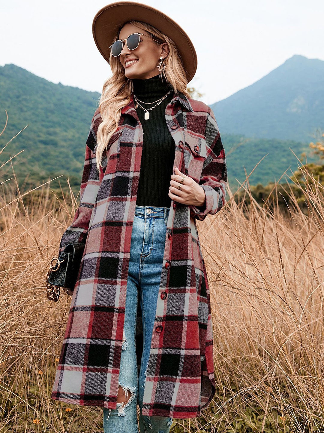 

StyleCast x Revolte Checked Single-Breasted Overcoat, Red