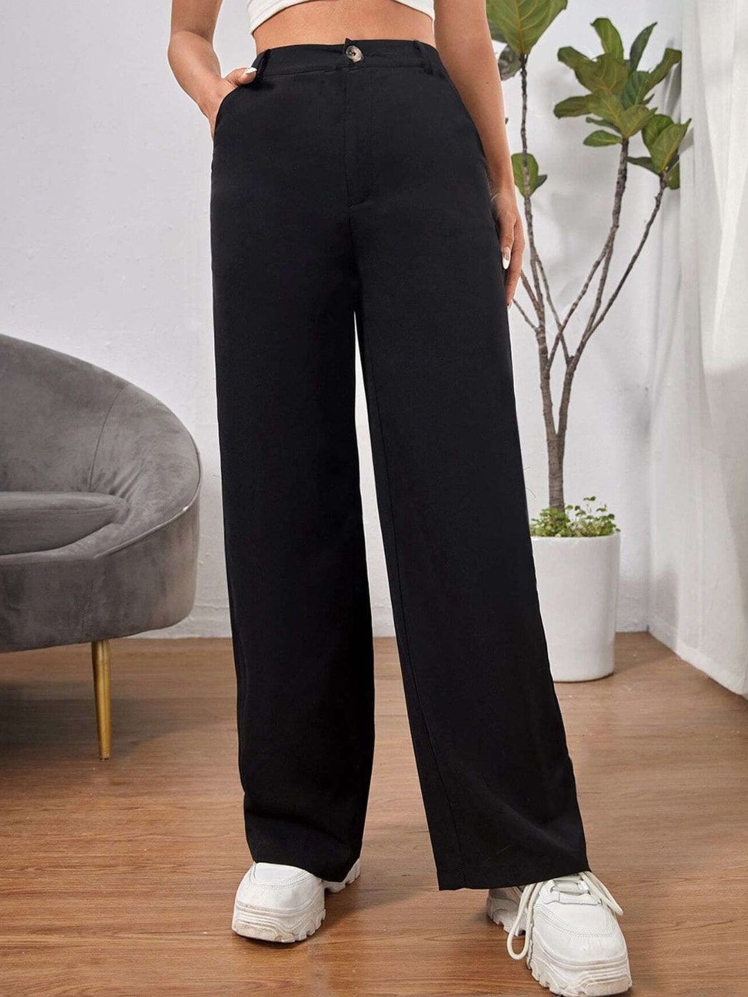 

BUY NEW TREND Women Relaxed Straight Fit High-Rise Trousers, Black