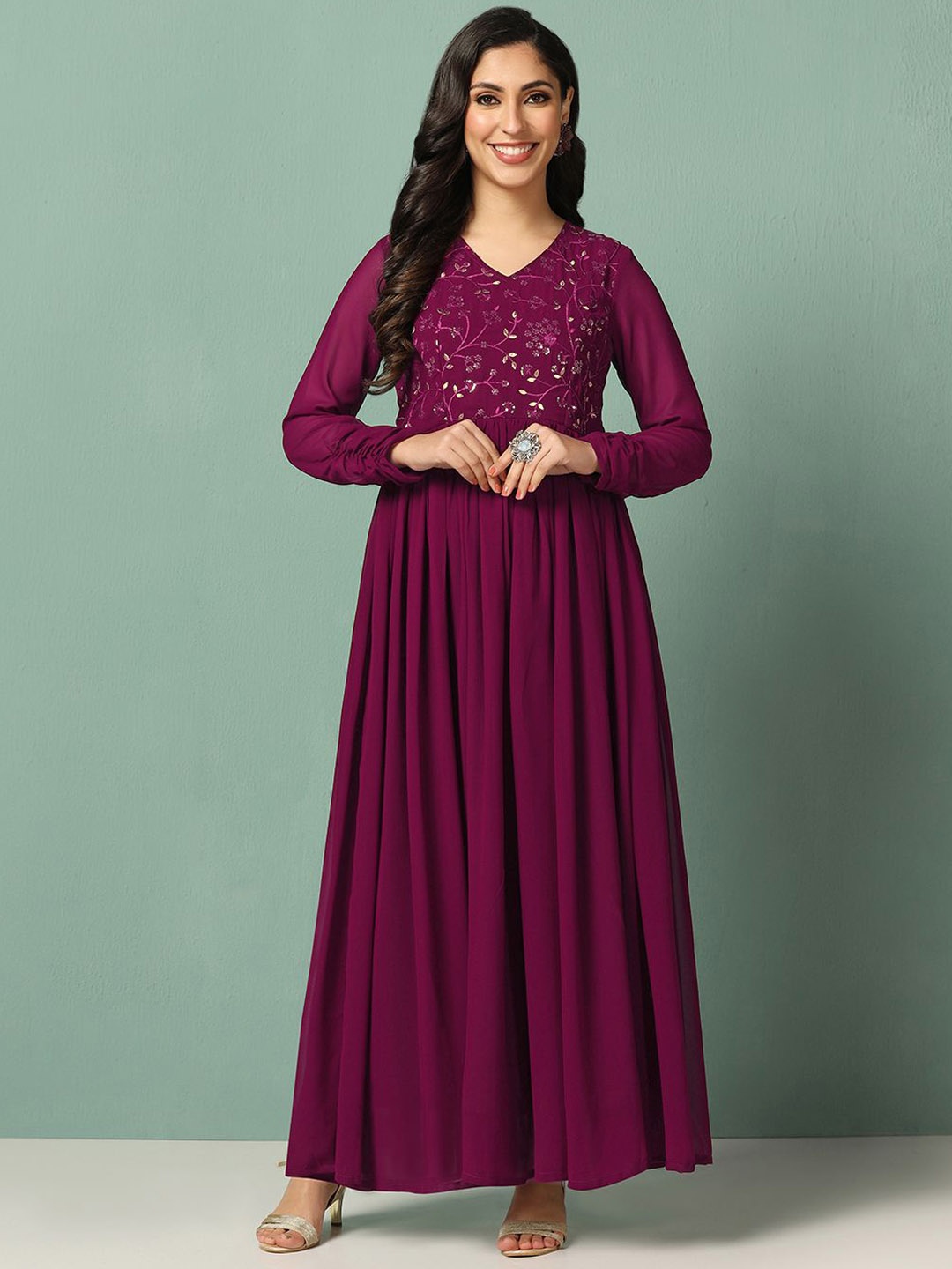 

BAESD Embroidered Gathered Maxi Length Ethnic Dress, Maroon