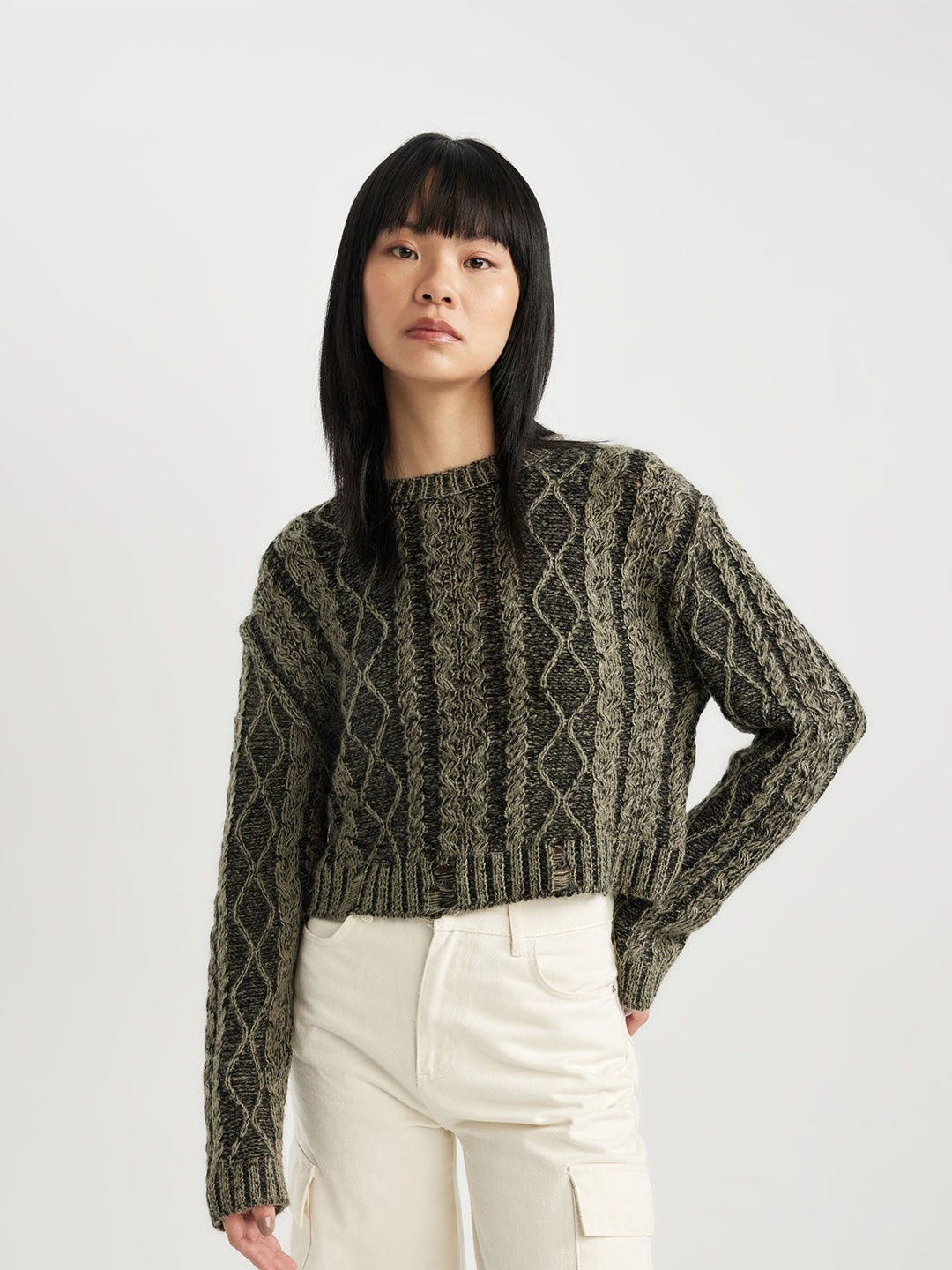 

DeFacto Women Ribbed Pullover, Green
