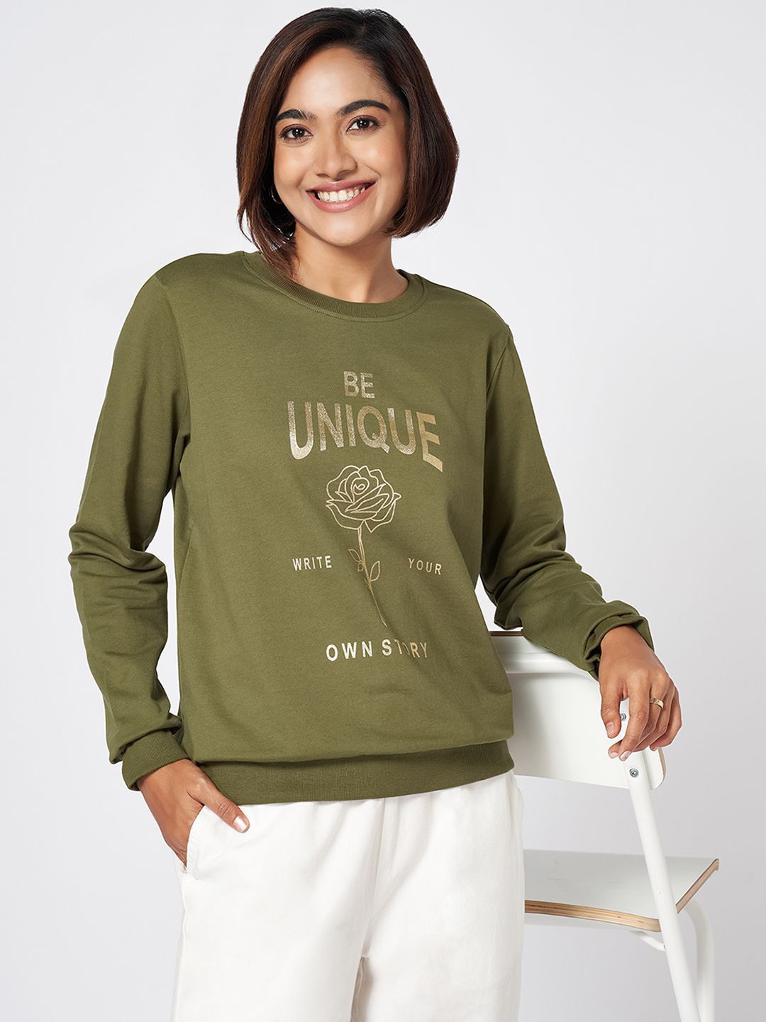 

Honey by Pantaloons Women Typography Printed Pure Cotton Sweatshirt, Olive