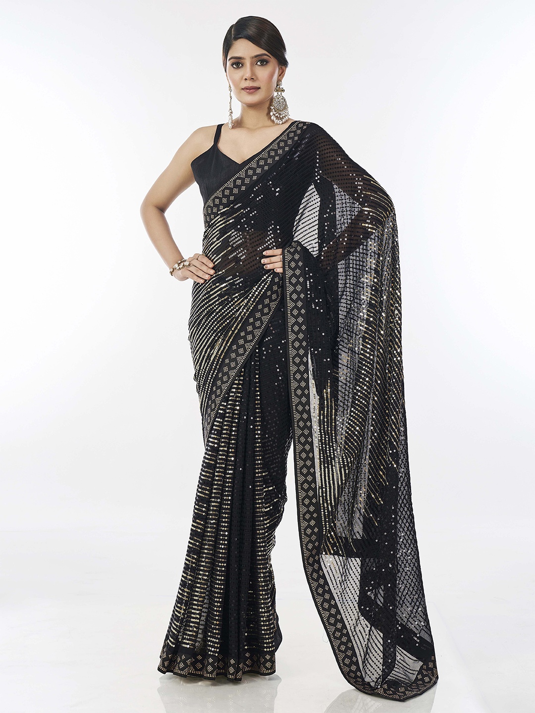 

Ethnielle Women Embellished Sequinned Saree, Black