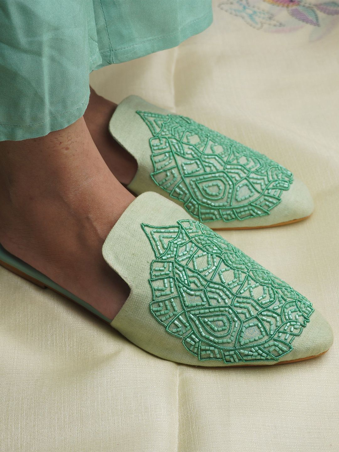 

Adwitiya Women Textured Ethnic Mules with Embroidered Flats, Green
