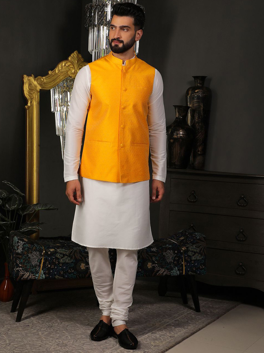 

DEYANN Mandarin Collar Jacquard Weave Cotton Silk Kurta with Churidar & Nehru jacket, Yellow