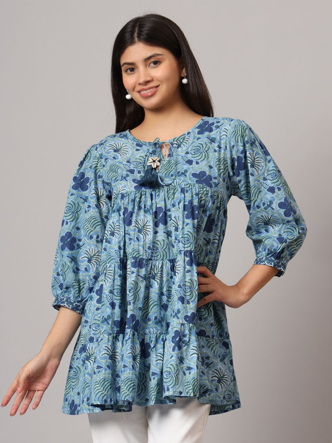 

FABRIC FITOOR Floral Print Cotton Tiered Top, Blue