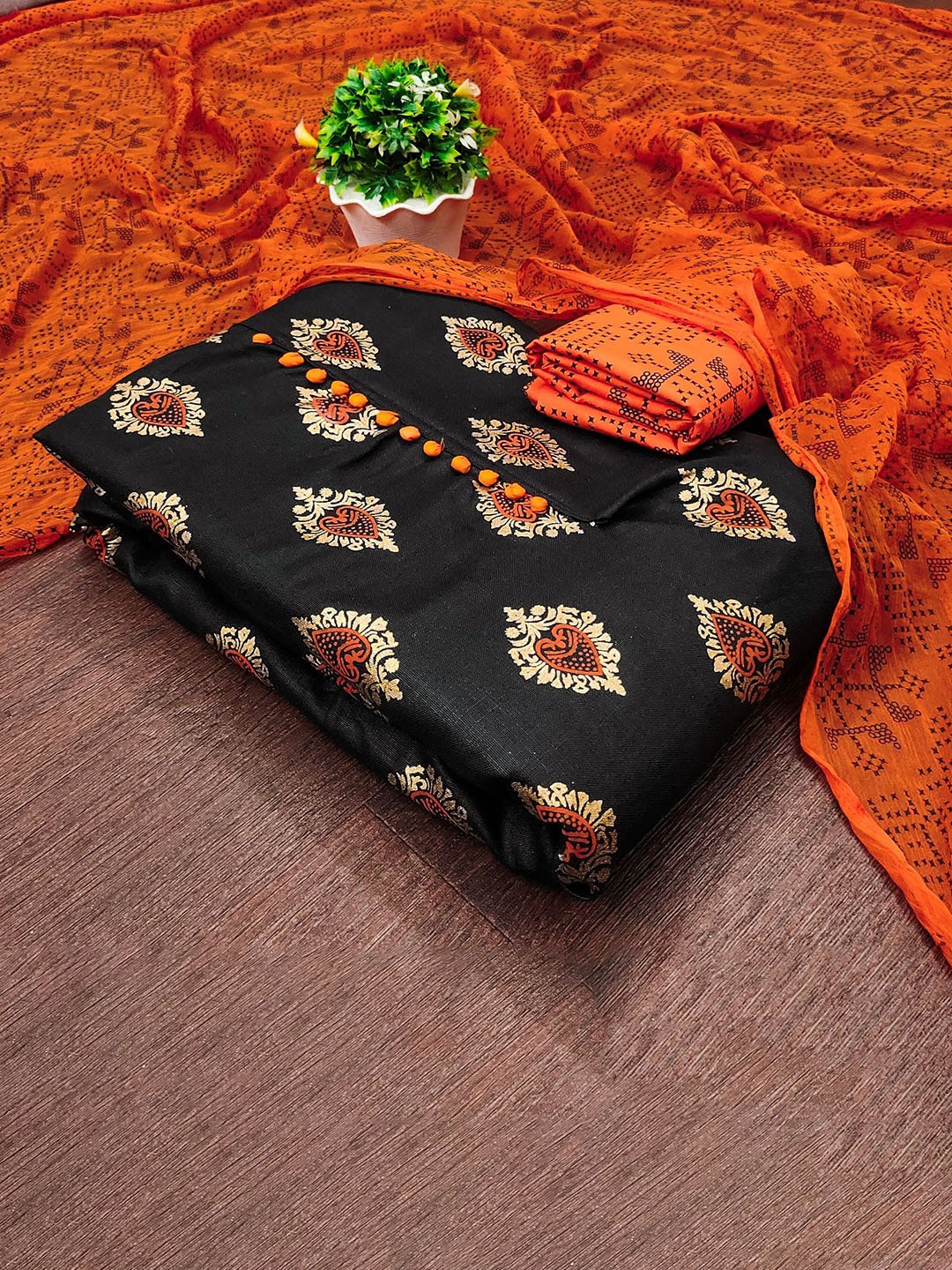 

APNISHA Floral Woven Design Unstitched Dress Material, Orange