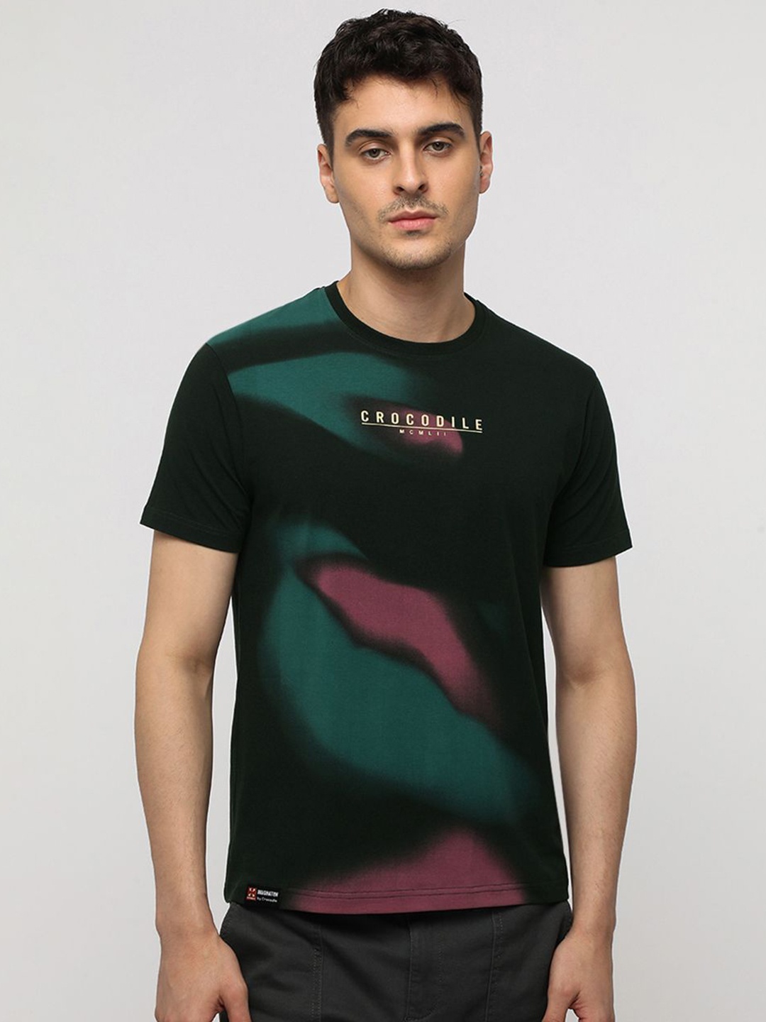 

Crocodile Men Abstract Printed Round Neck Cotton Slim Fit T-shirt, Olive