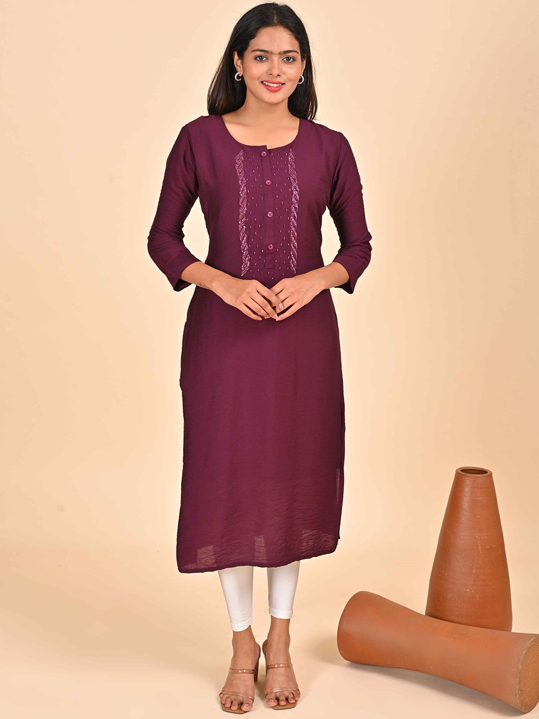 

GOLDSTROMS Women Geometric Embroidered Flared Sleeves Mirror Work Anarkali Kurta, Maroon