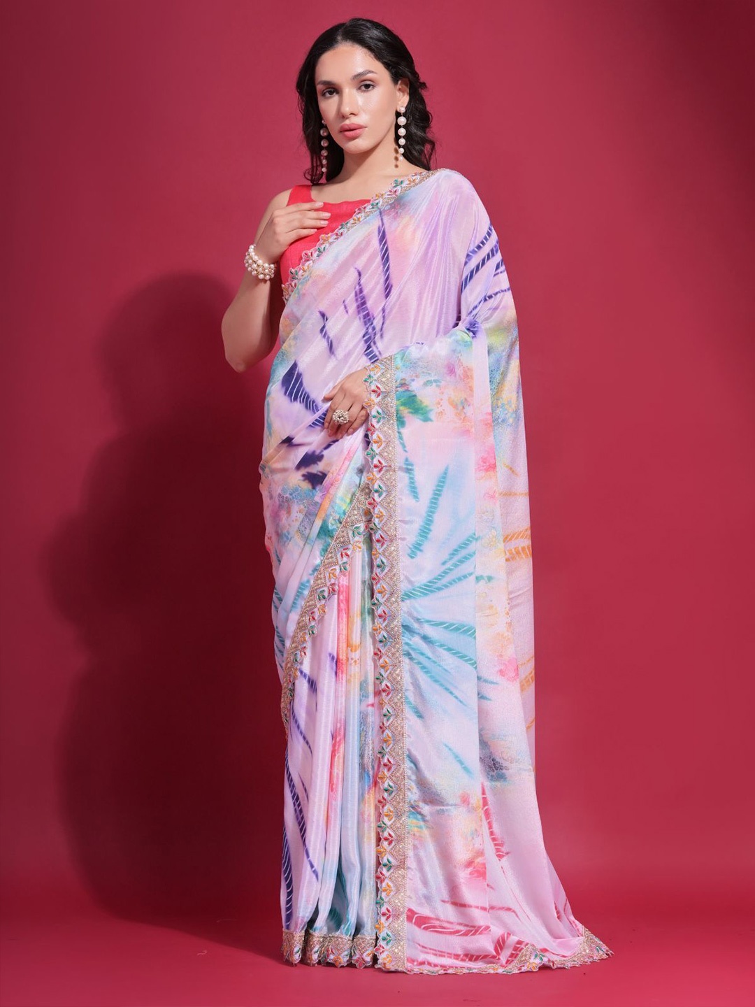 

ODETTE Sequinned Tie and Dye Saree, White