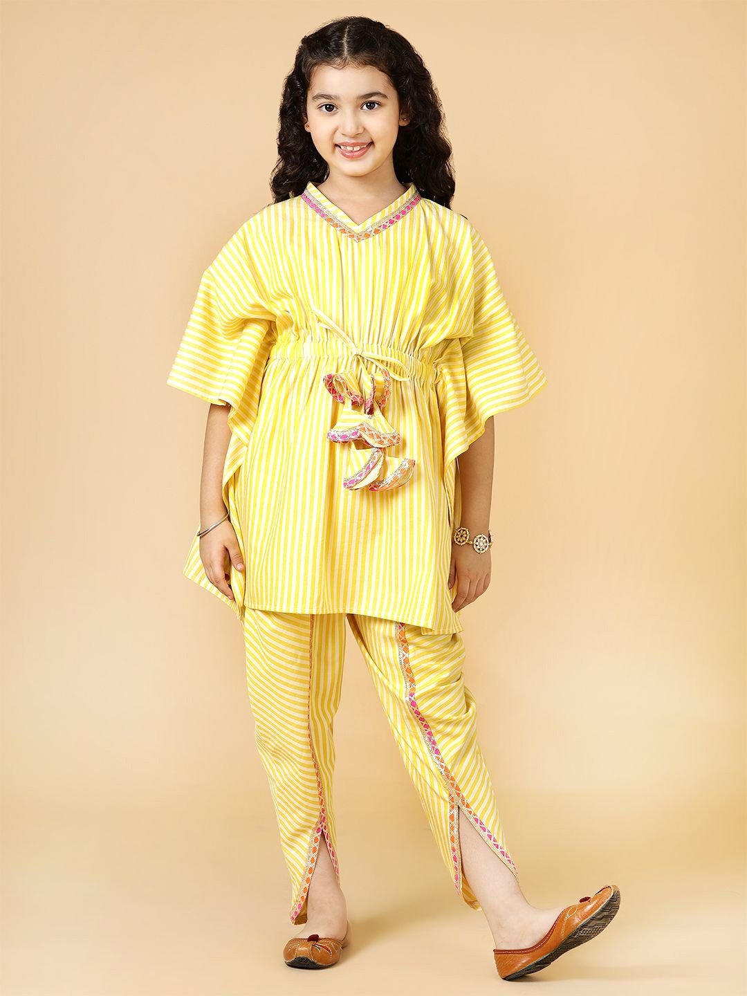 

A.T.U.N. Girls Striped Kaftan Kaftan Kurta & Dhoti Pants, Yellow