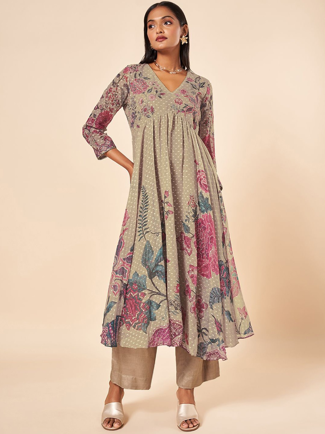 

Marigold Lane Floral Printed Empire Anarkali Kurta With Palazzos, Khaki