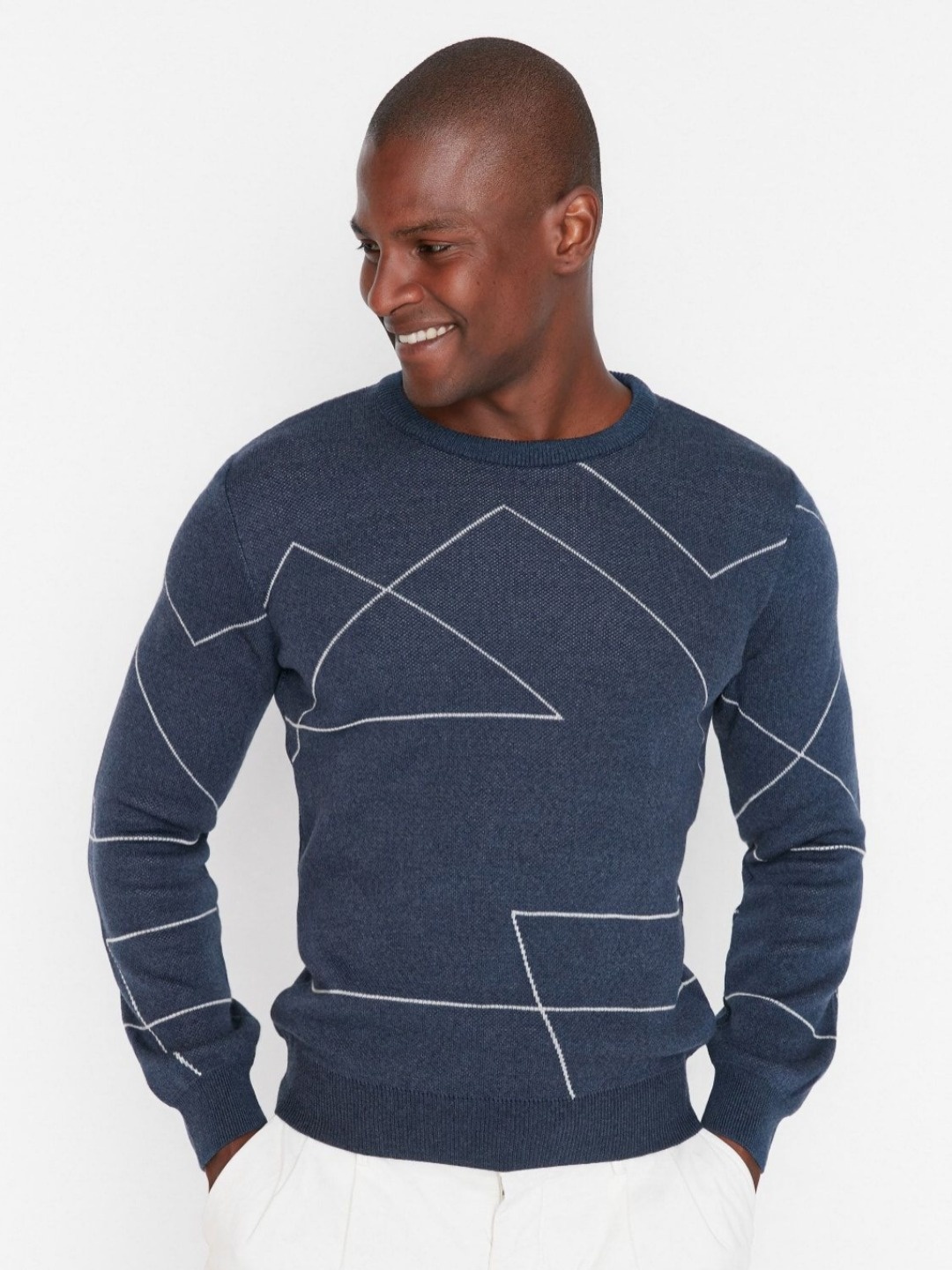 

Trendyol Men Geometric Printed Round Neck Acrylic T-Shirt, Navy blue