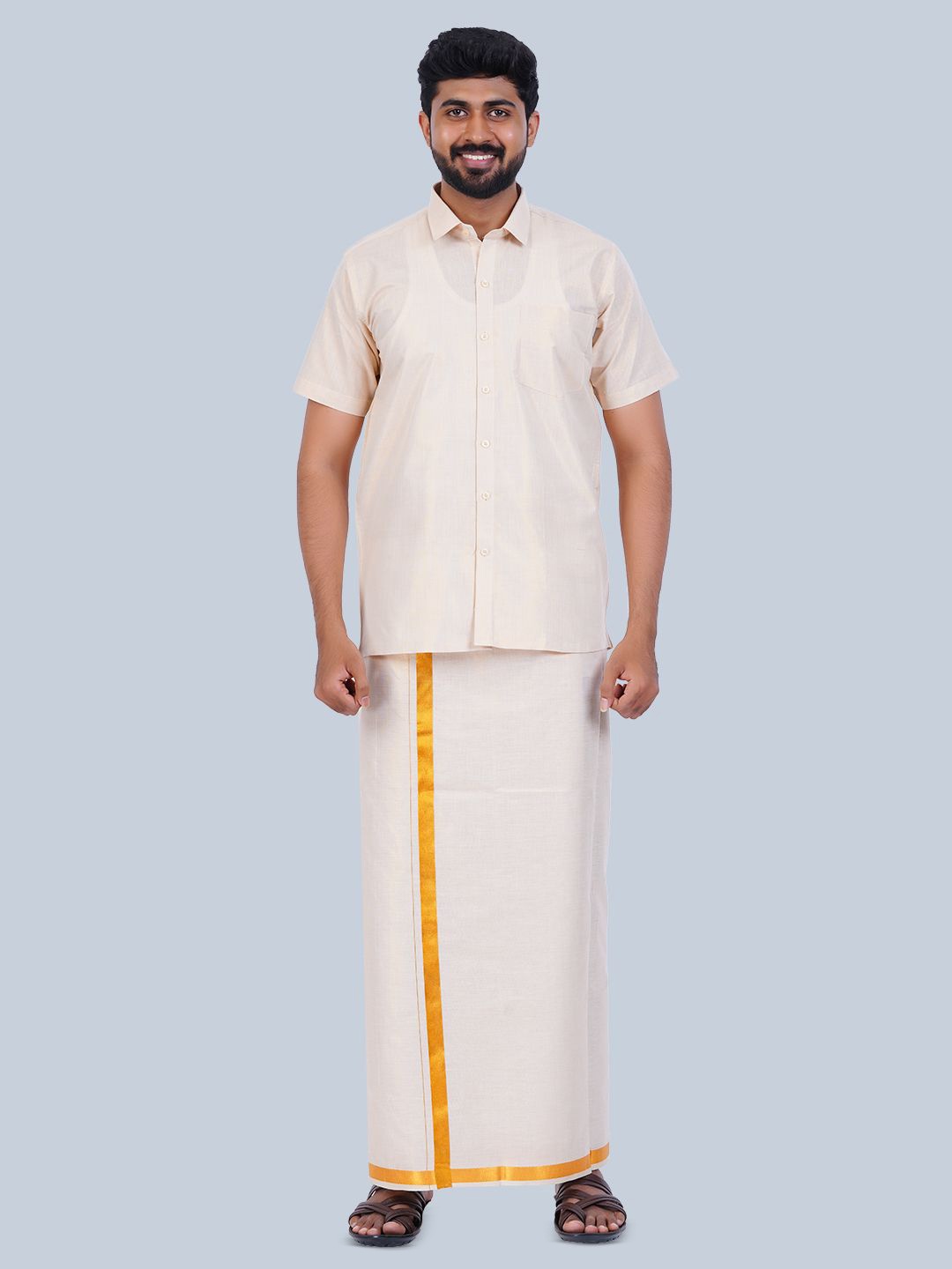 

THANGAMAGAN Tissue Cotton Shirt with Veshti, White