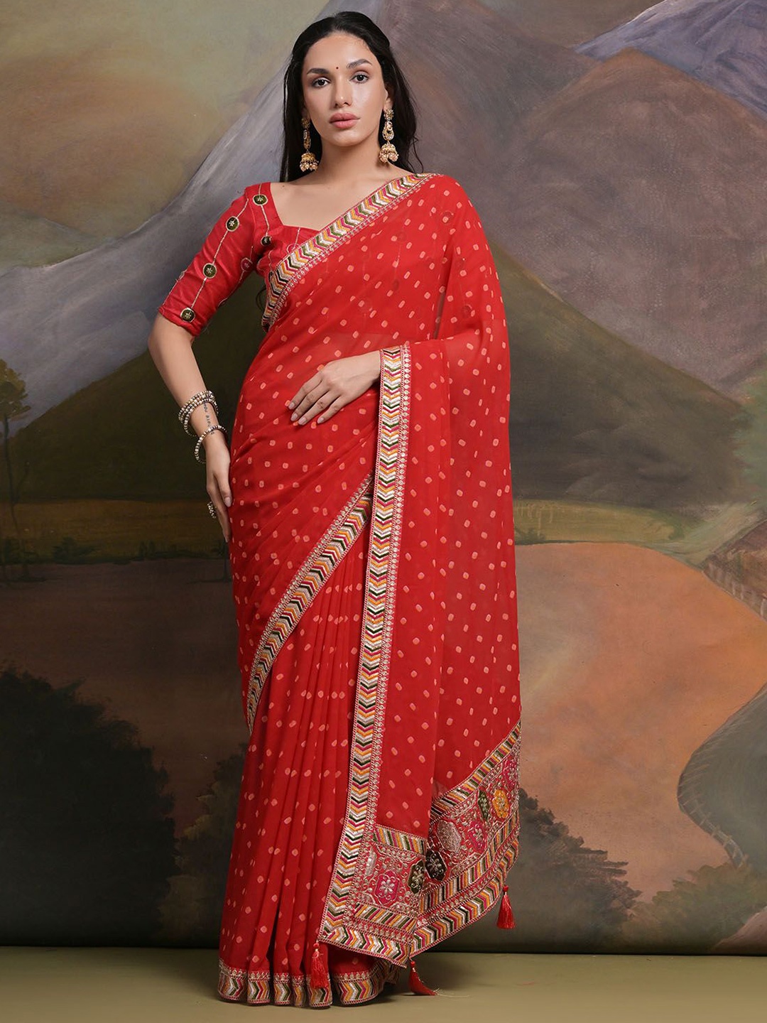 

ODETTE Bandhani Zari Poly Georgette Saree, Red