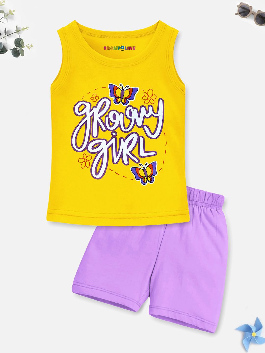 

YK X Trampoline Girls Printed Round Neck T-shirt With Shorts, Yellow