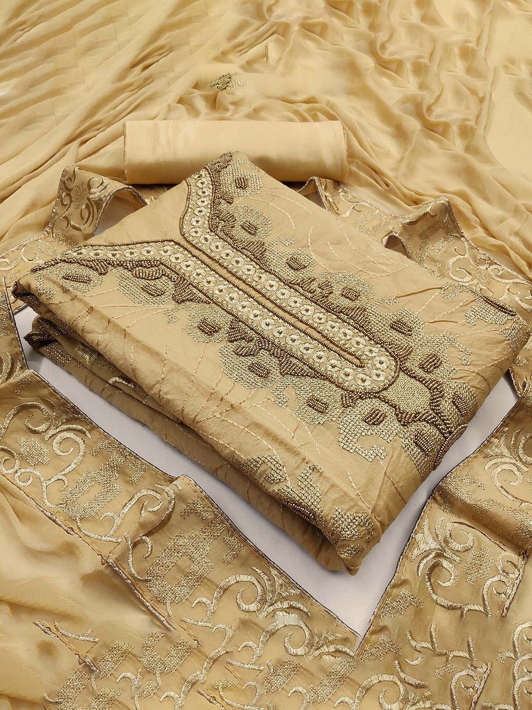 

Ishin Geometric Embroidered Beads and Stones Unstitched Dress Material, Beige