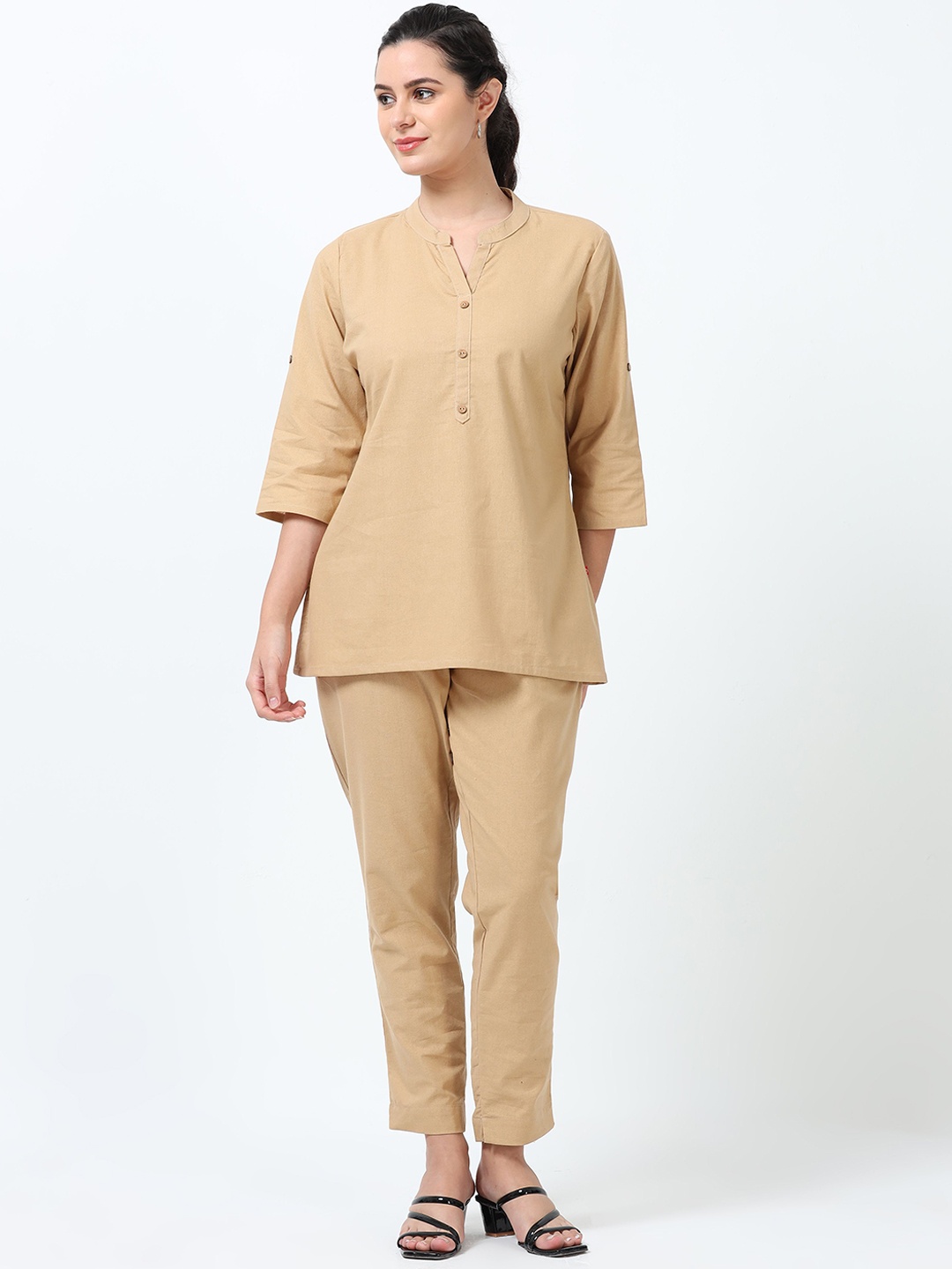 

Marcia Mandarin Collar Pure Cotton Tunic With Trousers, Beige