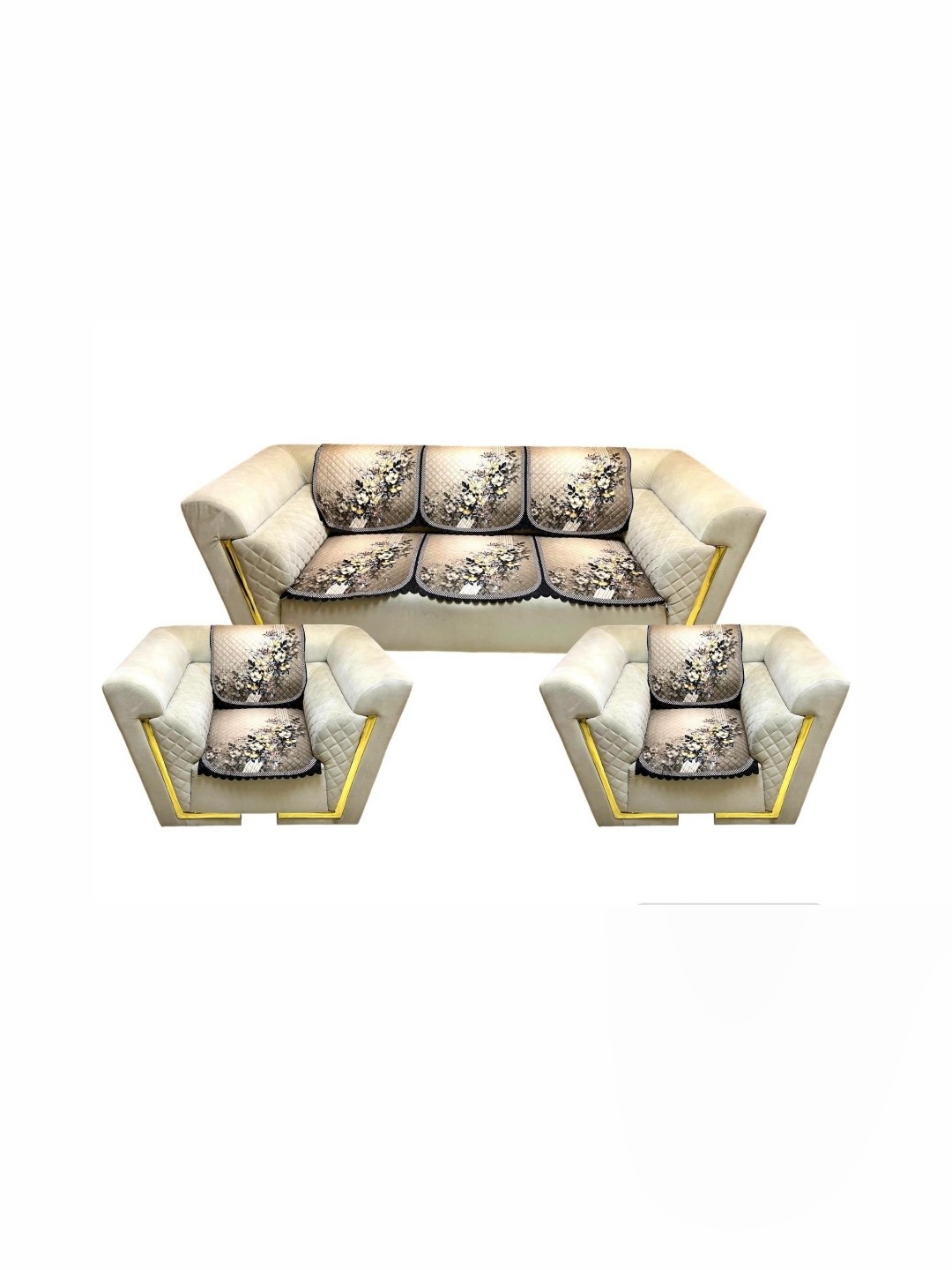 

MONKDECOR Brown & Yellow 6 Pieces Printed 5 Seater Velvet Sofa Cover