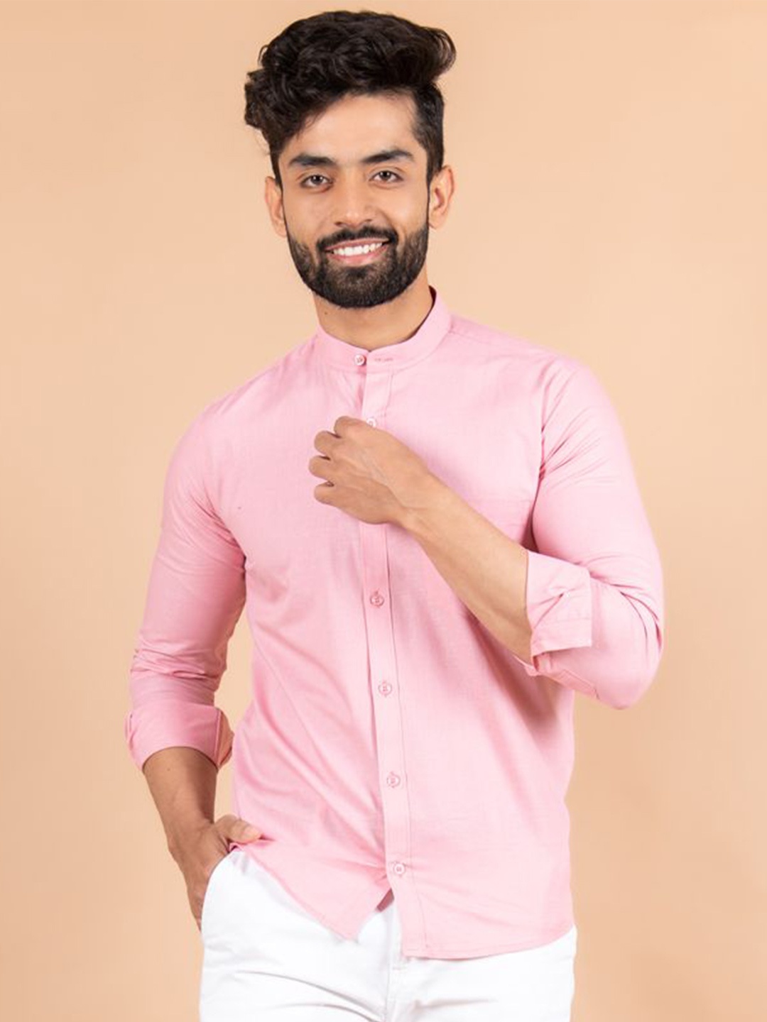 

Tistabene Men Standard Band Collar Solid Linen Casual Shirt, Pink